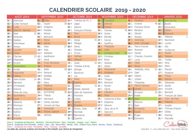 Calendrier Scolaire Semestriel 2019-2020 Avec Affichage Des encequiconcerne Calendrier 2019 Avec Jours Fériés Vacances Scolaires