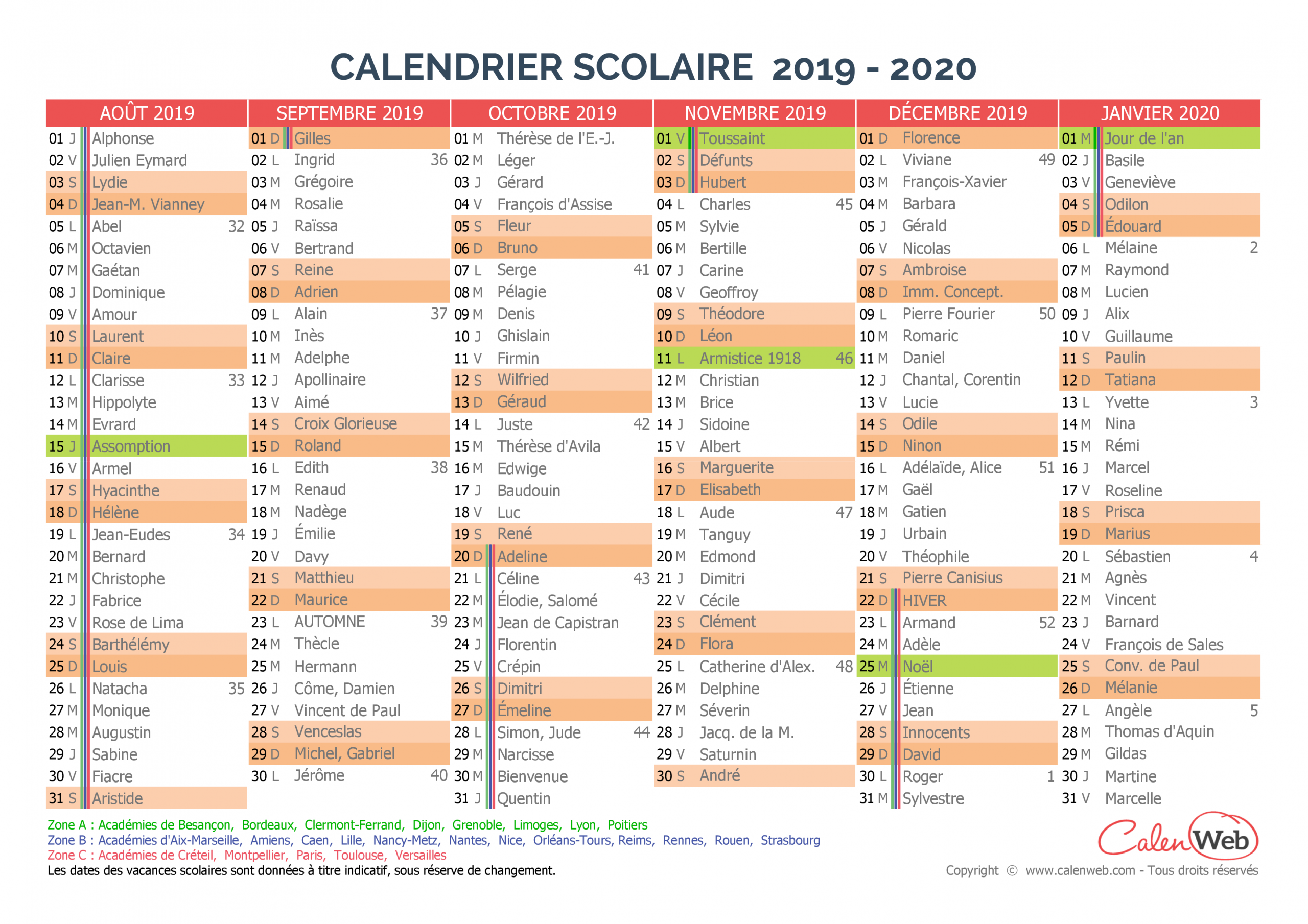 Calendrier Scolaire Semestriel 2019-2020 Avec Affichage Des encequiconcerne Calendrier 2019 Avec Jours Fériés Vacances Scolaires 