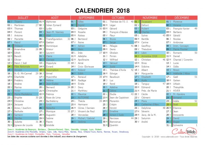 Calendrier Semestriel 2018 À Imprimer Avec Jours Fériés concernant Calendrier 2018 Avec Jours Fériés Vacances Scolaires À Imprimer