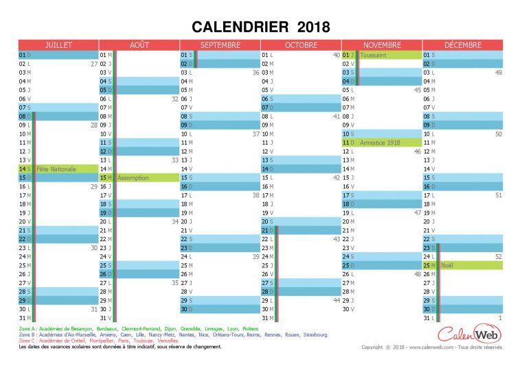 Calendrier Semestriel 2018 À Imprimer Avec Jours Fériés Et tout Calendrier 2018 À Imprimer Avec Vacances Scolaires