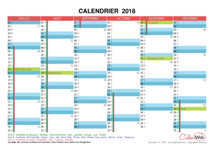 Calendrier Semestriel 2018 À Imprimer Avec Jours Fériés Et tout Calendrier 2018 Avec Jours Fériés Vacances Scolaires À Imprimer