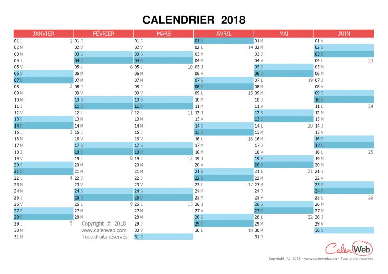 Calendrier Semestriel 2018 À Imprimer Vierge (1Er Semestre concernant Calendrier 2Ème Semestre 2018