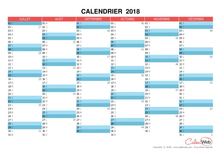 Calendrier Semestriel 2018 Vierge À Imprimer (2Ème Semestre serapportantà Calendrier 2Ème Semestre 2018