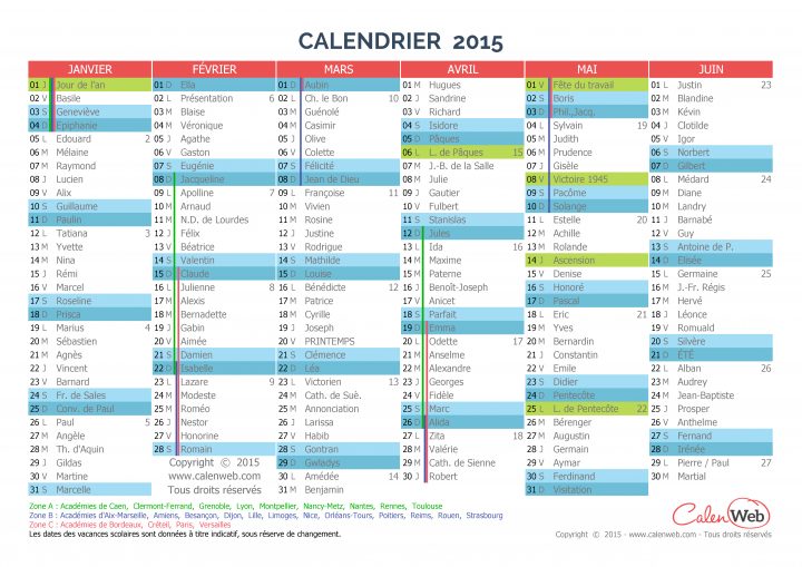 Calendrier Semestriel – Année 2015 Avec Jours Fériés avec Calendrier 2018 Avec Jours Fériés Vacances Scolaires À Imprimer