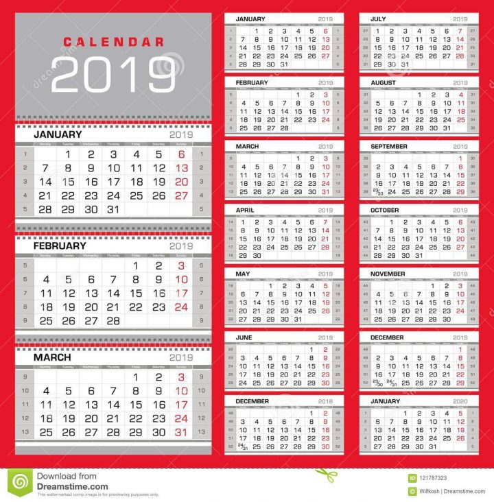 Calendrier Trimestriel 2019 De Mur Avec Des Nombres De avec Calendrier 2019 Avec Semaine