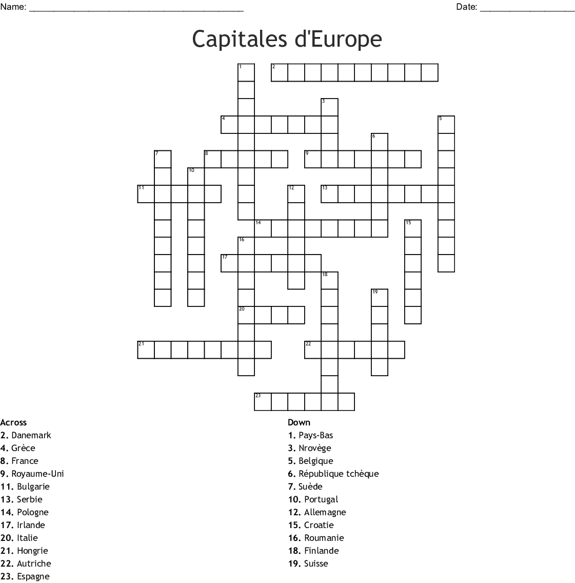 Capitales D&amp;#039;europe Crossword - Wordmint serapportantà Pays Et Capitales D Europe 