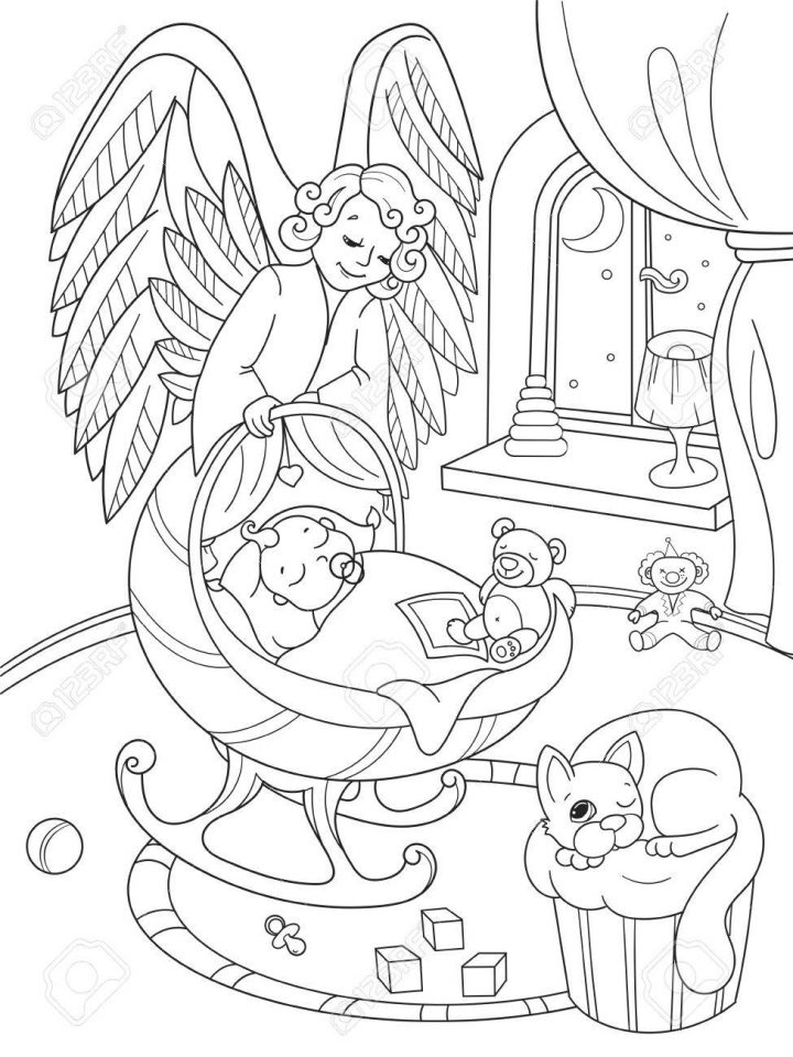 Caricature, Livre De Coloriage. L'ange Gardien Protège Le Sommeil Des  Bébés. L'intérieur De La Chambre Des Enfants encequiconcerne Ange A Colorier