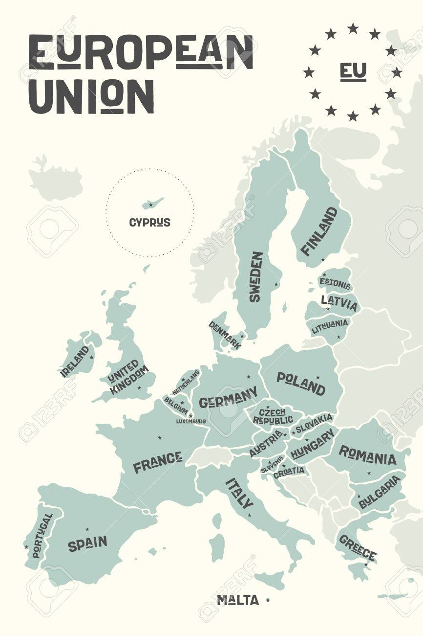 Carte Affiche De L'union Européenne Avec Les Noms De Pays Et Les Capitales.  Carte Imprimée De L'ue Pour Le Web Et La Polygraphie, Sur Des Thèmes concernant Capitale Union Européenne