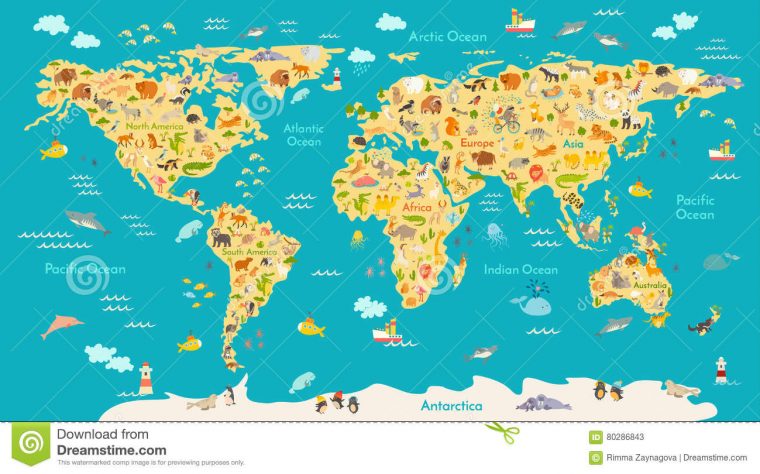 Carte Animale Pour L'enfant Affiche De Vecteur Du Monde Pour destiné Carte Du Monde Enfant