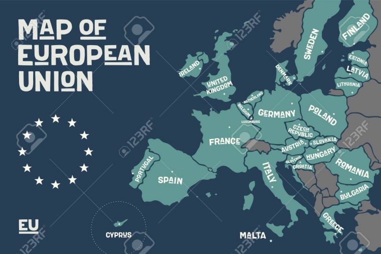 Carte D'affiche De L'union Européenne Avec Les Noms De Pays Et Les  Capitales. Imprimer La Carte De L'ue Pour Le Web Et La Polygraphie, Sur Les avec Carte D Europe À Imprimer