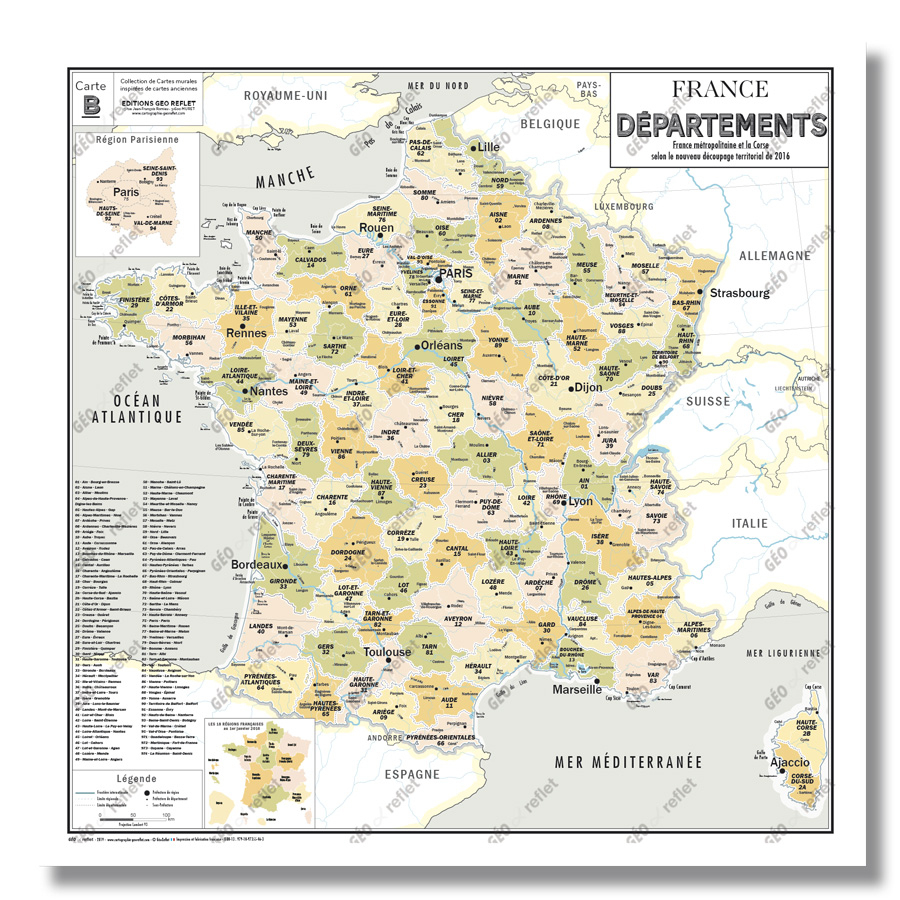 Carte De France Administrative Des Départements - Modèle Vintage - Affiche  100X100Cm à Carte De France Avec Départements Et Préfectures