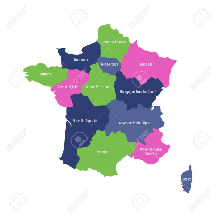 Carte De France Divisée En 13 Régions Métropolitaines Administratives,  Depuis 2016. Quatre Couleurs. Illustration Vectorielle. à Carte Des 13 Régions