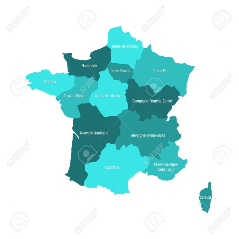 Carte De France Divisée En 13 Régions Métropolitaines Administratives,  Depuis 2016. Quatre Nuances De Vert. Illustration Vectorielle. dedans Carte Des 13 Régions