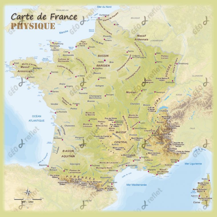 Carte De France Physique » Vacances – Arts- Guides Voyages concernant Carte De France Grand Format