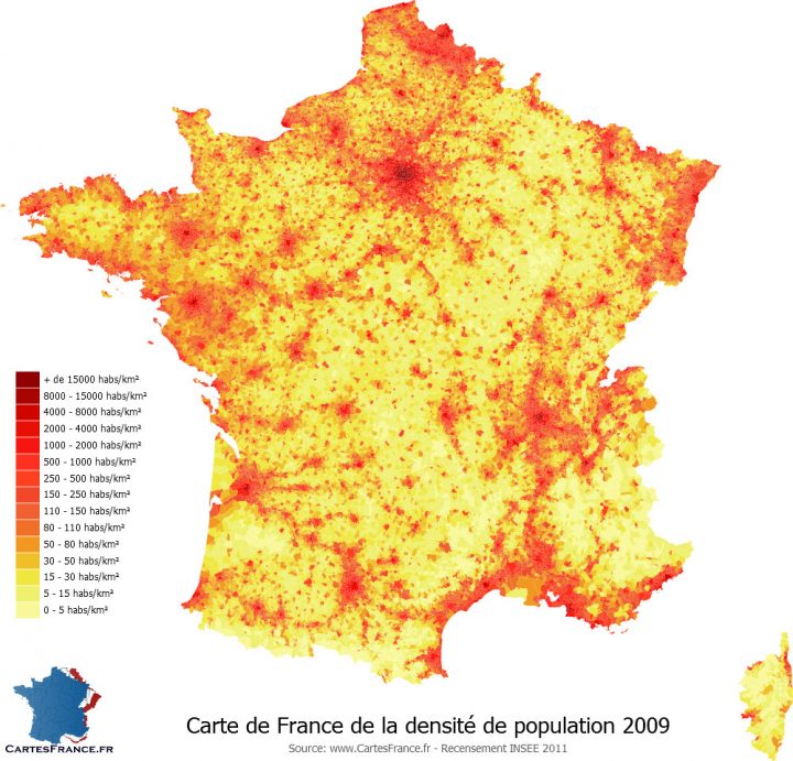 Carte De La Densité De Population 2009 destiné Carte De La France Avec Ville