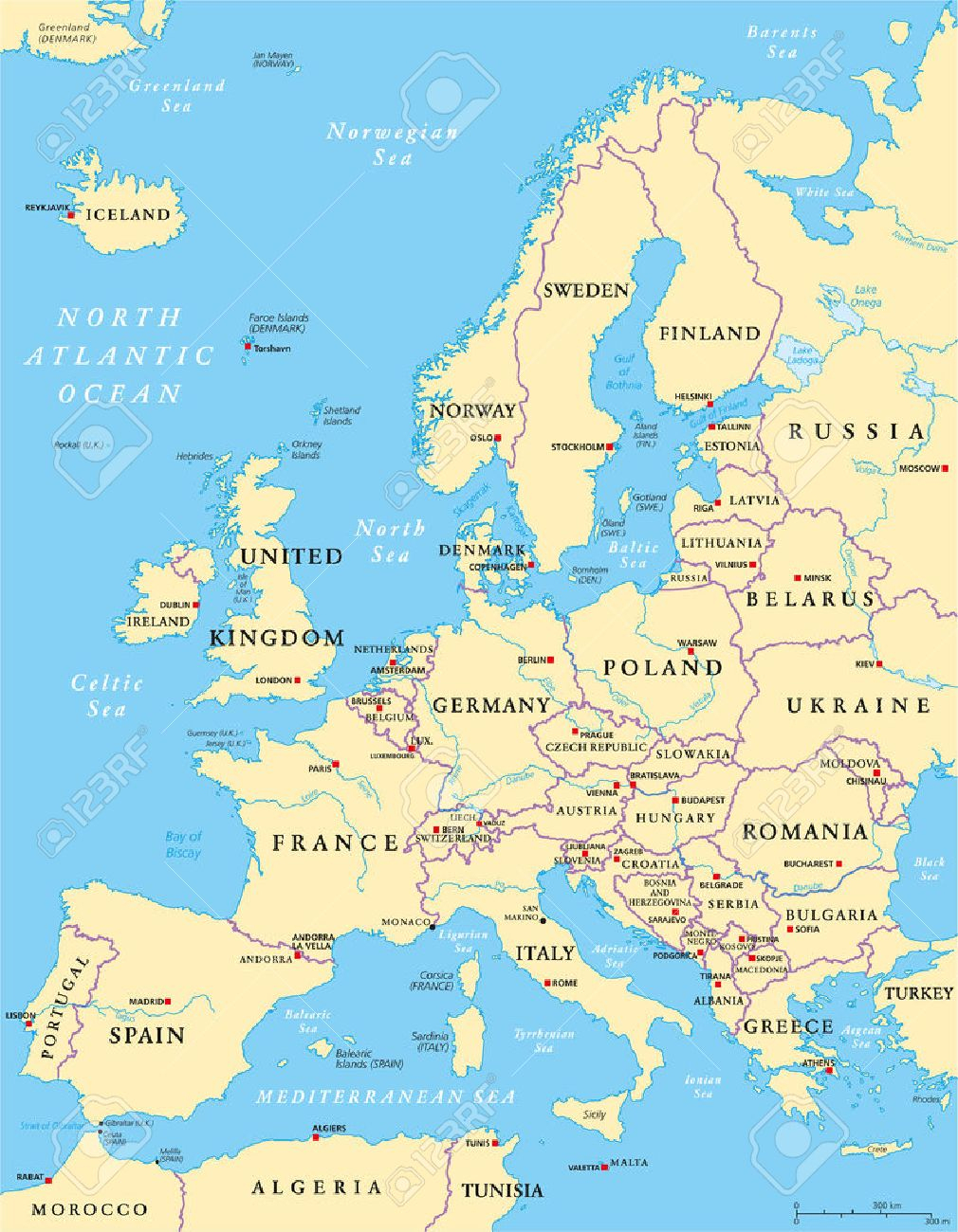 Carte De L&amp;#039;europe Politique Et La Région Environnante. Avec Les Pays, Les  Capitales, Les Frontières Nationales, Les Grandes Rivières Et Les Lacs. avec Carte De L Europe Avec Capitales 
