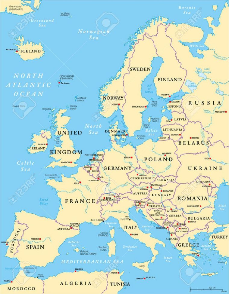 Carte De L'europe Politique Et La Région Environnante. Avec Les Pays, Les  Capitales, Les Frontières Nationales, Les Grandes Rivières Et Les Lacs. encequiconcerne Carte D Europe Avec Pays Et Capitales