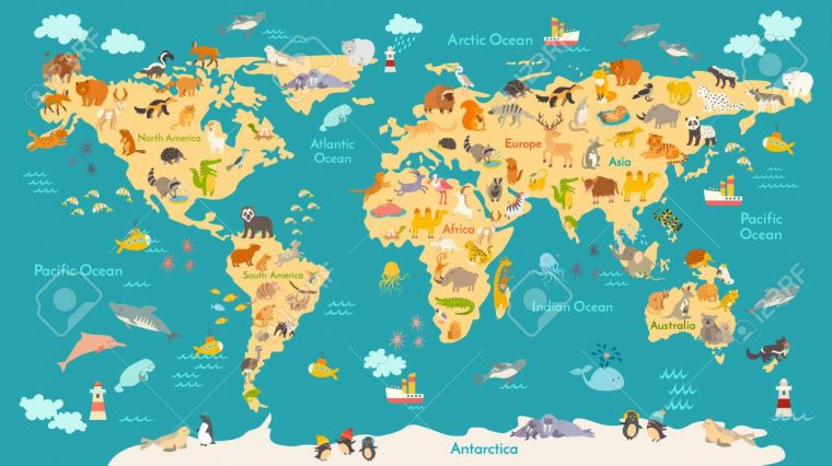 Carte Des Animaux Pour L'enfant. Affiche De Vecteur Mondial Pour Les  Enfants, Mignon Illustré. Globe De Bande Dessinée D'âge Préscolaire Avec  Des destiné Carte Europe Enfant