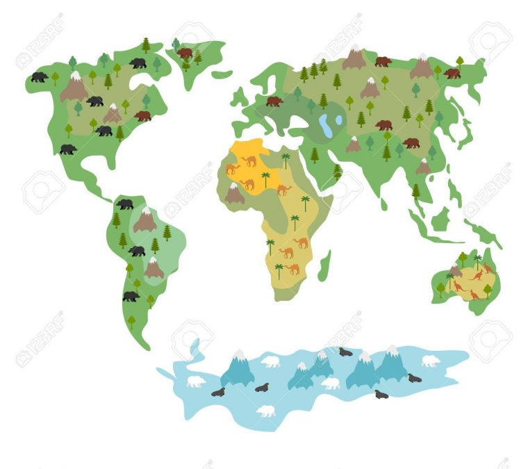 Carte Du Monde Avec Des Animaux Et Des Arbres. Carte Géographique Du Globe  Avec La Flore Et La Faune. Carte Enfants De Bande Dessinée Conditionnelles destiné Carte Du Monde Enfant