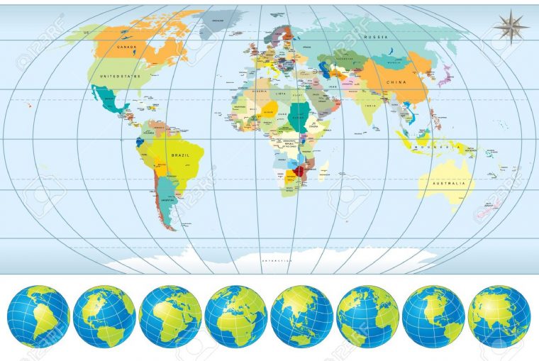 Carte Du Monde Avec Globes – Détaillé Vectoriels Modifiables, Comprennent  Tous Les Noms De Pays Et Les Capitales – Lignes De Contour Frontière encequiconcerne Carte Du Monde Avec Capitale