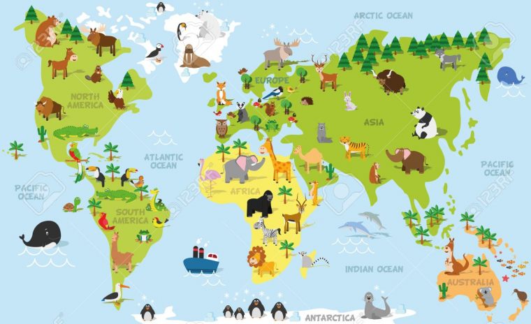 Carte Du Monde Drôle De Bande Dessinée Avec Des Animaux Traditionnels De  Tous Les Continents Et Les Océans. Vector Illustration Pour L'éducation Et à Carte Europe Enfant