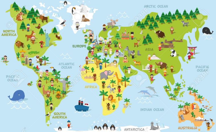 Carte Du Monde Drôle De Bande Dessinée Avec Des Enfants De Différentes  Nationalités, Les Animaux Et Les Monuments De Tous Les Continents Et Les à Carte Europe Enfant