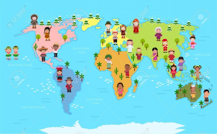 Carte Du Monde Et Enfants De Diverses Nationalités avec Carte Du Monde Pour Enfant