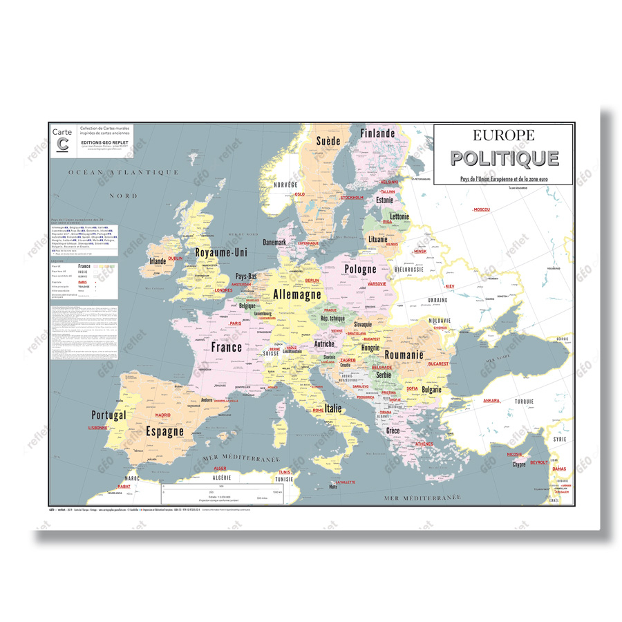 Carte Europe Politique Et Union Européenne : Affiche Format 80X60 Cm pour Carte Europe Pays Capitales 