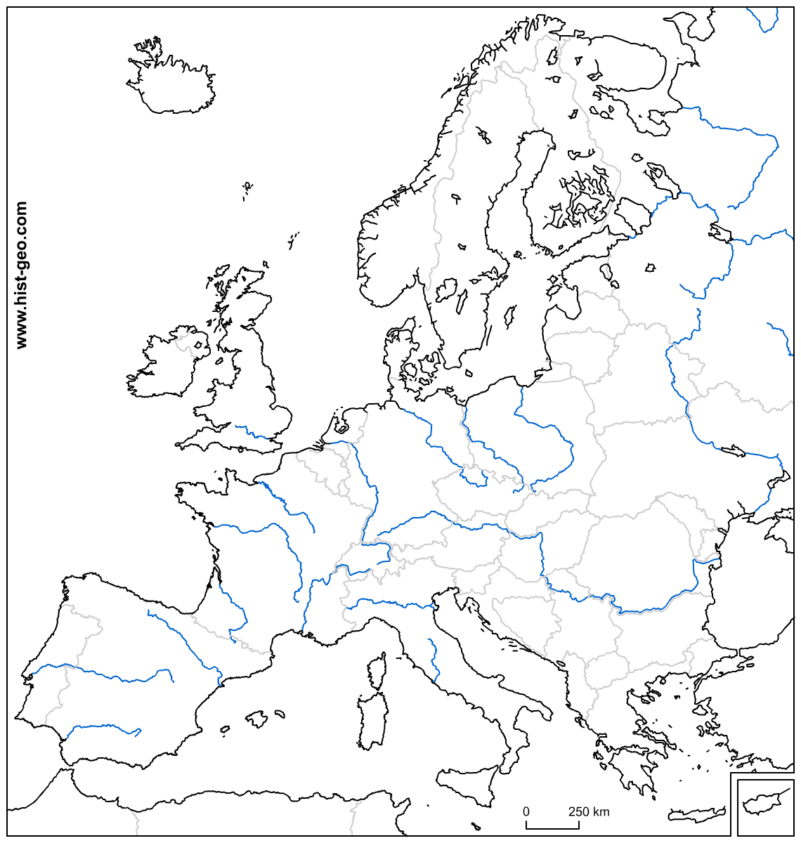 Carte Vierge Sur Les Pays Et Les Fleuves D'europe à Carte De L Europe À Imprimer