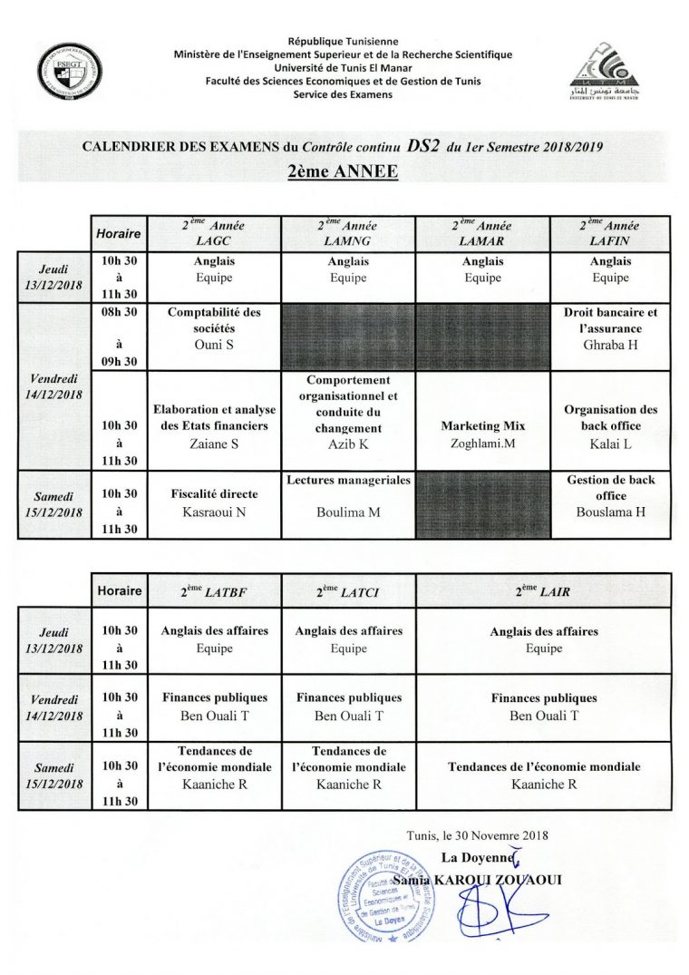 Center> Calendriers Ds 2 Semestre 1 2018-2019 </center> à Calendrier 2Ème Semestre 2018