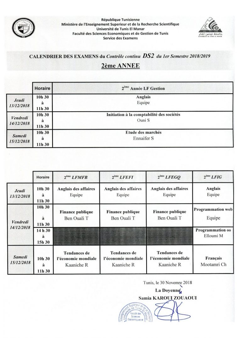 Center> Calendriers Ds 2 Semestre 1 2018-2019 </center> à Calendrier 2Ème Semestre 2018