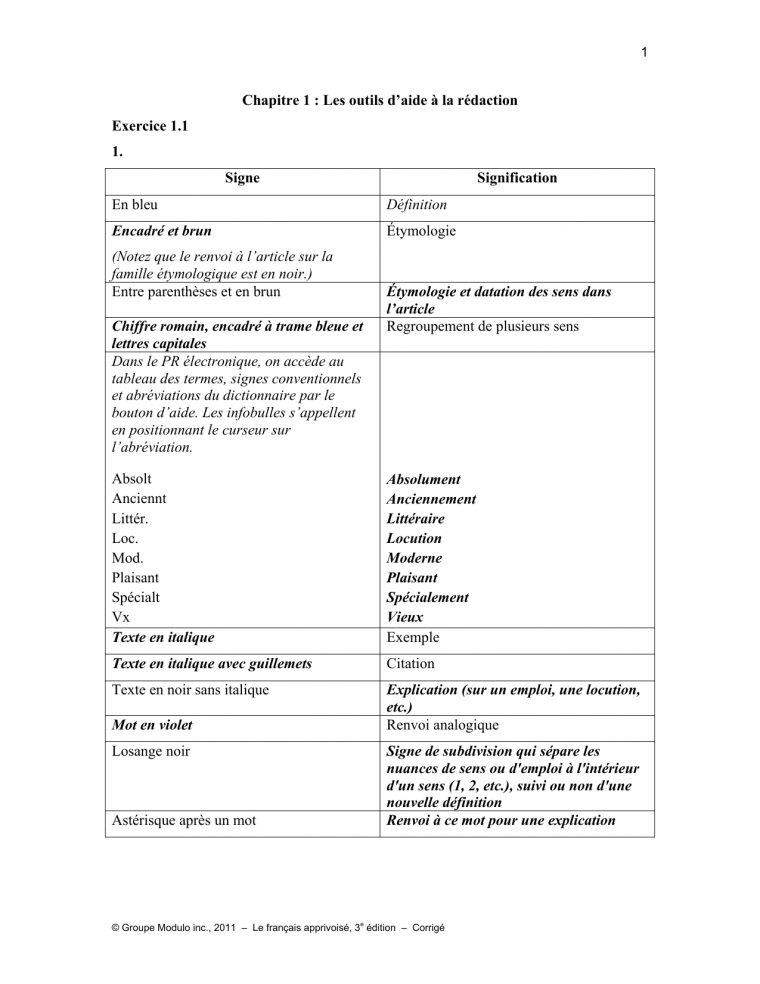 Chapitre 1 : Les Outils D`aide À La Rédaction Exercice 1.1 1 dedans Exercice Chiffre Romain