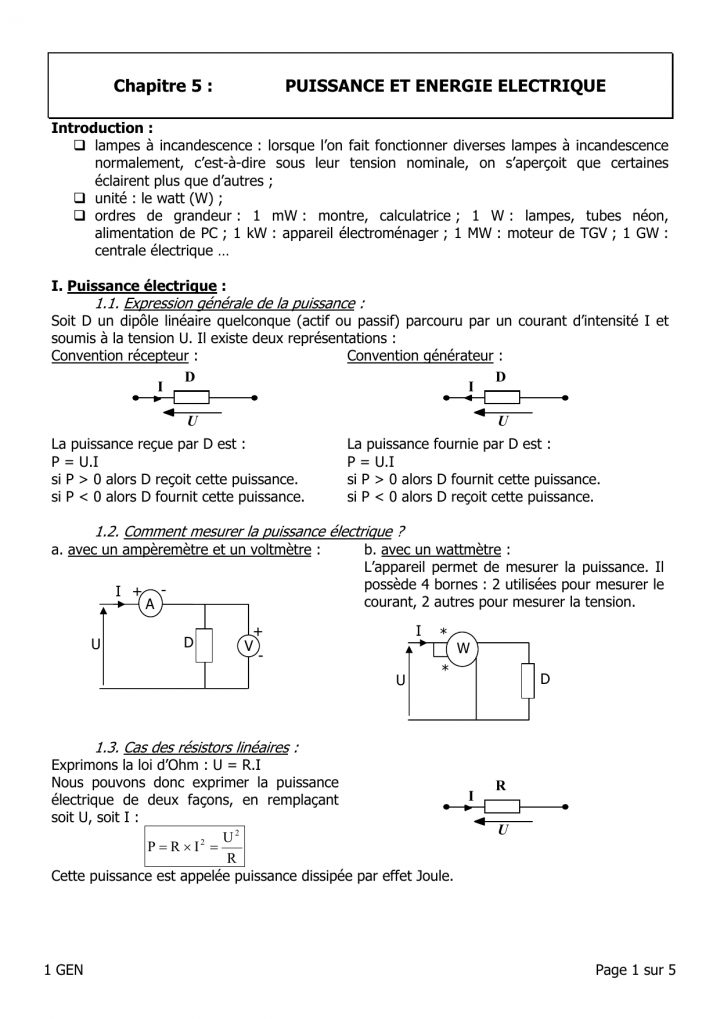 Chapitre 5 : Puissance Et Énergie Électrique pour Puissance 4 A Deux