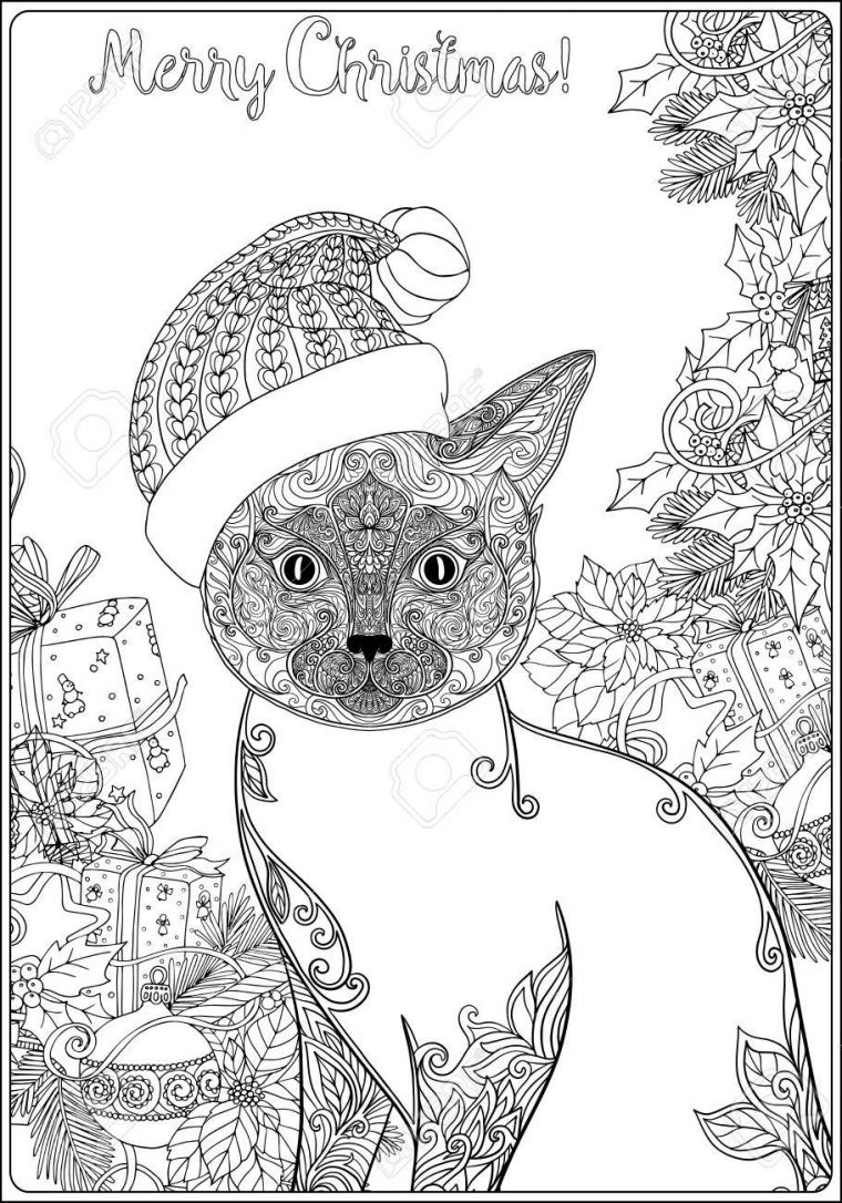 Chat À Motifs Décoratifs Dans Le Chapeau Du Père Noël Sur Un Fond De  L'arbre De Noël Avec Des Jouets Et Des Cadeaux. Livre À Colorier Pour  Adultes. dedans Coloriage De Chat De Noel