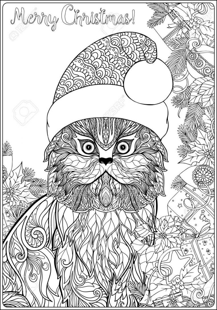 Chat À Motifs Décoratifs Dans Le Chapeau Du Père Noël Sur Un Fond De L'arbre De Noël Avec Des Jouets Et Des Cadeaux. Livre À Colorier Pour Adultes. serapportantà Coloriage De Chat De Noel Chat À Motifs Décoratifs Dans Le Chapeau Du Père Noël Sur Un Fond De L'arbre De Noël Avec Des Jouets Et Des Cadeaux. Livre À Colorier Pour Adultes. serapportantà Coloriage De Chat De Noel