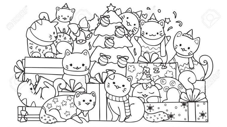 Chats Mignons Avec Des Boîtes-Cadeaux Et Arbre De Noël Pour La Page  D'élément De Design Et De Coloriage Pour Les Enfants. Illustration  Vectorielle tout Coloriage De Chat De Noel