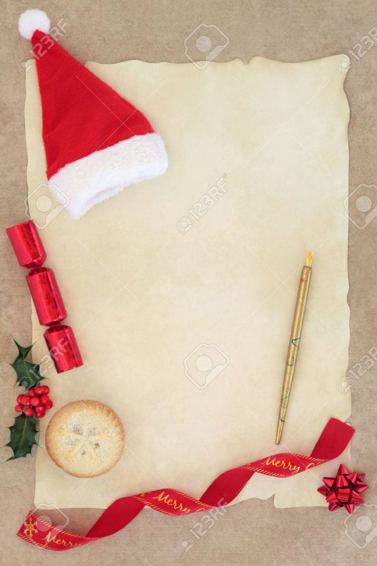 Christmas Letter To Santa Claus With Hat, Old Pen, Mince Pie.. avec Papier Lettre De Noel