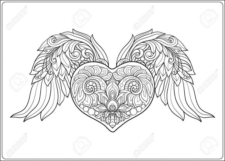 Coeur D'amour À Motifs Décoratifs Avec Des Ailes D'ange. Illustration  Vectorielle De Ligne De Stock. Livre À Colorier Pour Adultes. Dessin De  Dessin pour Ange A Colorier