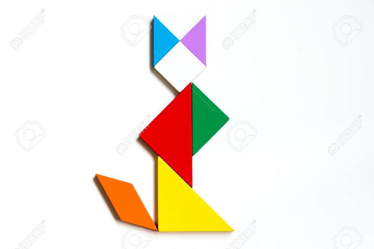 Colorful Wood Tangram Puzzle In Sitting Cat Shape On White Background concernant Tangram Chat