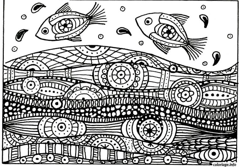 Coloriage Adulte Deux Poissons Vagues Motifs Dessin dedans Dessin De Vague A Imprimer