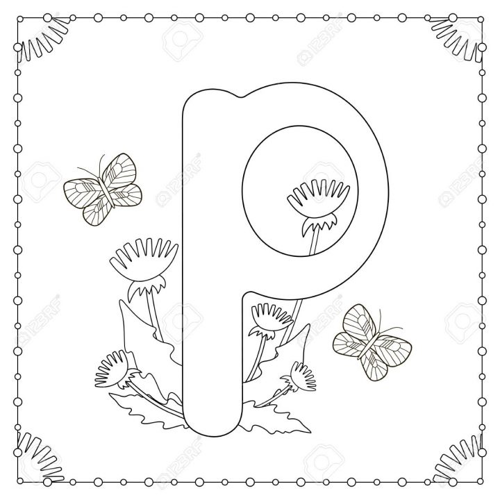 Coloriage Alphabet. Lettre Majuscule «P» Avec Des Fleurs, Des Feuilles Et  Des Papillons. avec L Alphabet En Majuscule