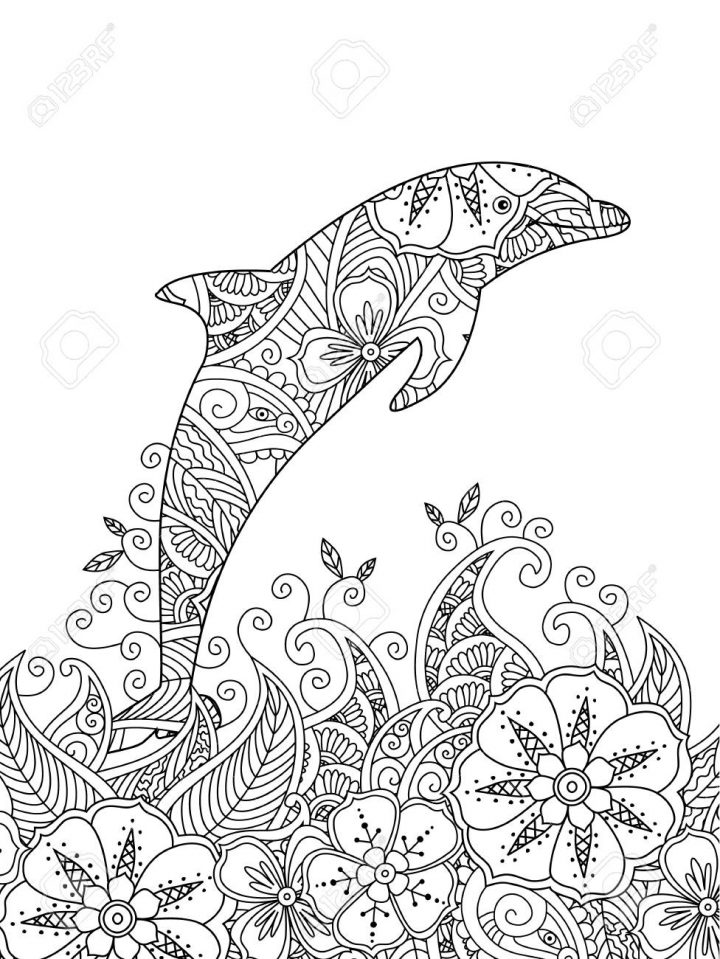 Coloriage Avec Un Saut De Dauphin Dans La Mer. Composition Verticale. Livre  À Colorier Pour Les Enfants Adultes Et Plus Âgés. Illustration Vectorielle tout Dessin De Dauphin À Colorier