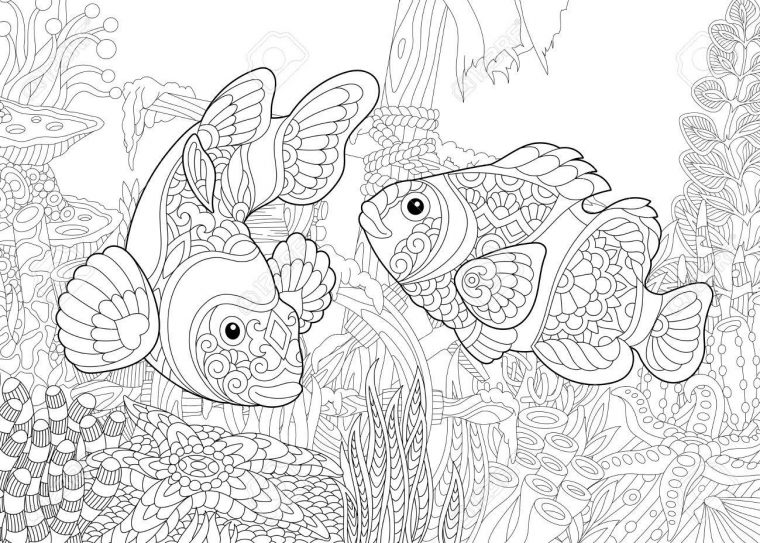 Coloriage Du Monde Sous-Marin. Poisson Clown Sur Le Fond D'un Navire Creux.  Dessin D'équisse À Main Levée Pour Un Livre À Colorier Antistress Adulte dedans Tous Les Coloriages Du Monde