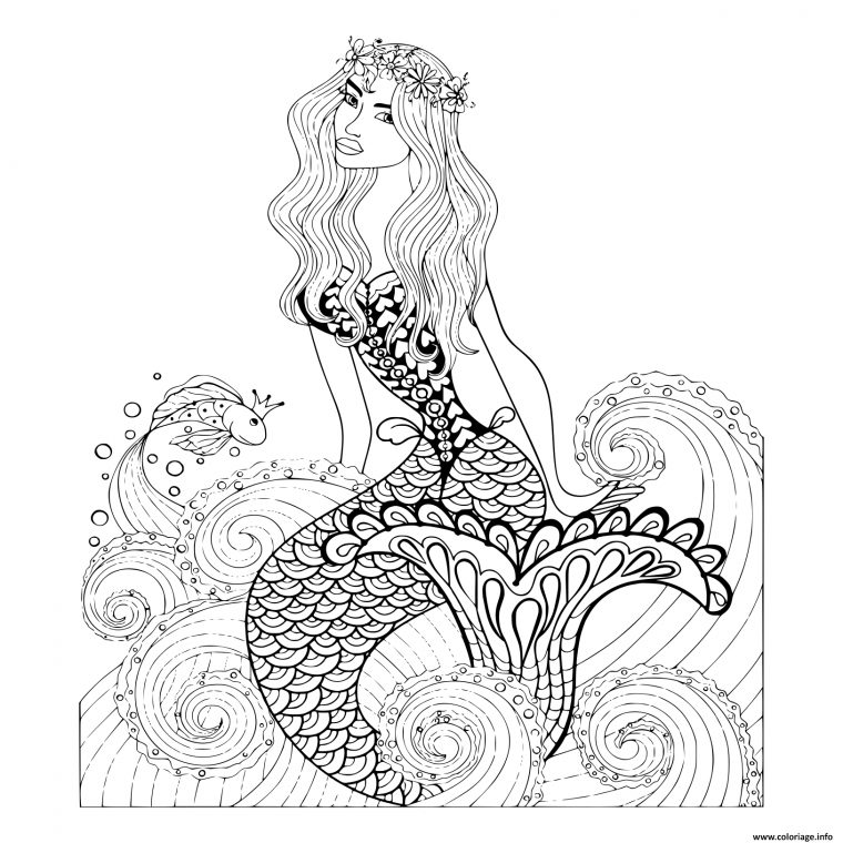 Coloriage Fantastique Sirene Vagues De Mer Avec Un Poisson concernant Dessin De Vague A Imprimer