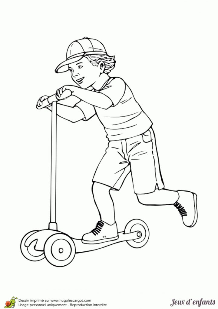 Coloriage L'enfant Et Sa Trottinette serapportantà Jeux Enfant Dessin