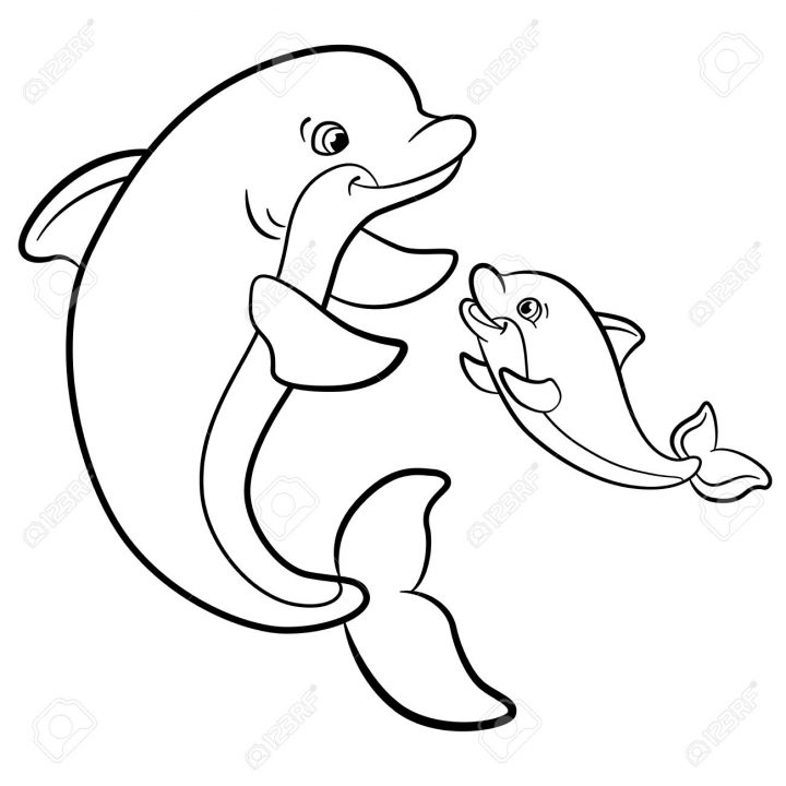 Coloriage. Les Animaux Marins Sauvages. Mère Dauphin Nage Avec Son Petit  Bébé Dauphin Mignon. destiné Dessin De Dauphin À Colorier