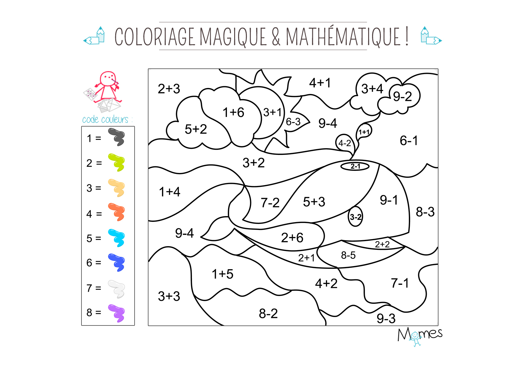 Coloriage Magique Et Mathématique : La Baleine - Momes à Coloriage Magique 6 Ans