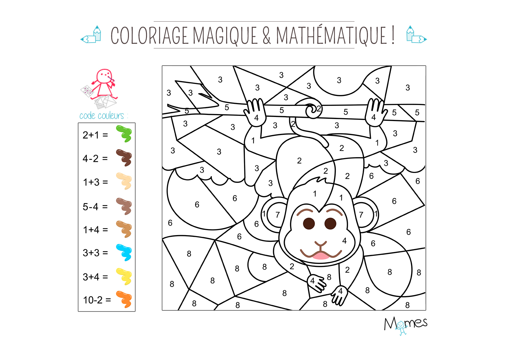 Coloriage Magique Et Mathématique : Le Singe - Momes à Coloriage Magique 6 Ans