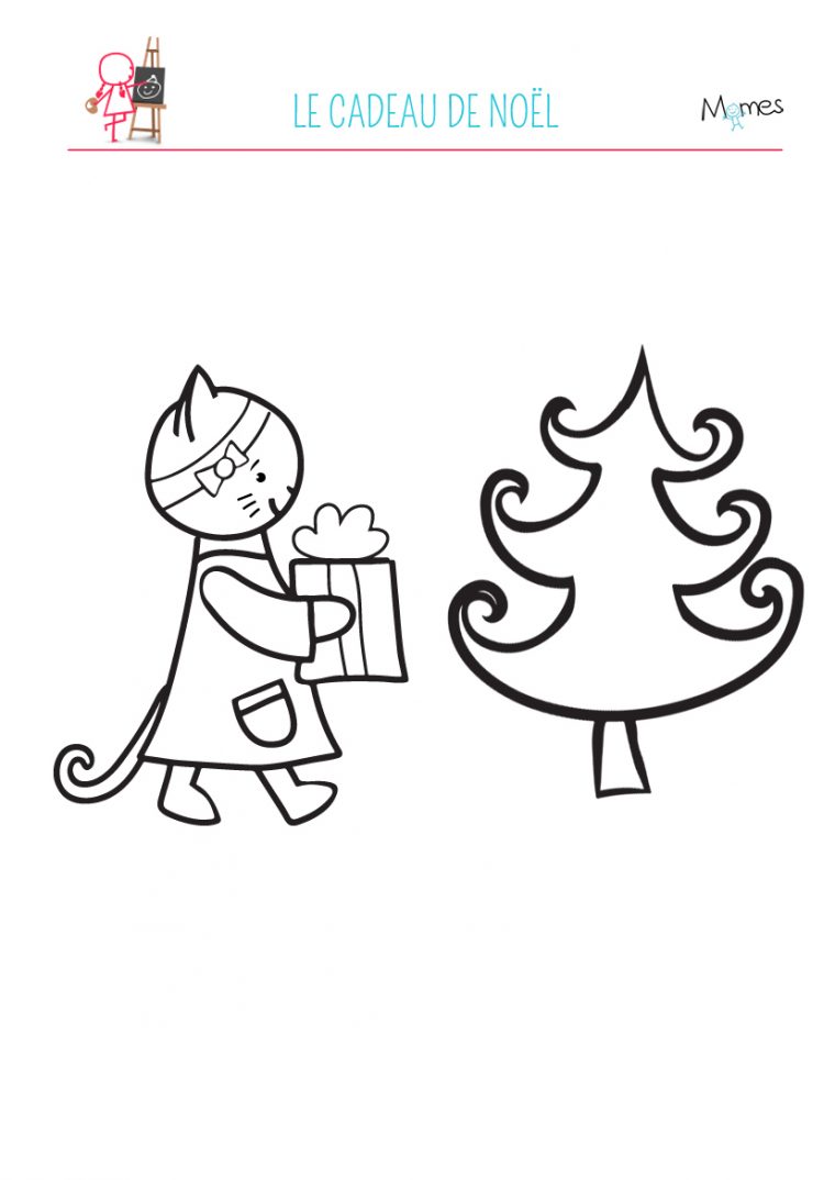 Coloriage Petit Chaton Et Le Cadeau De Noël – Momes dedans Coloriage De Chat De Noel