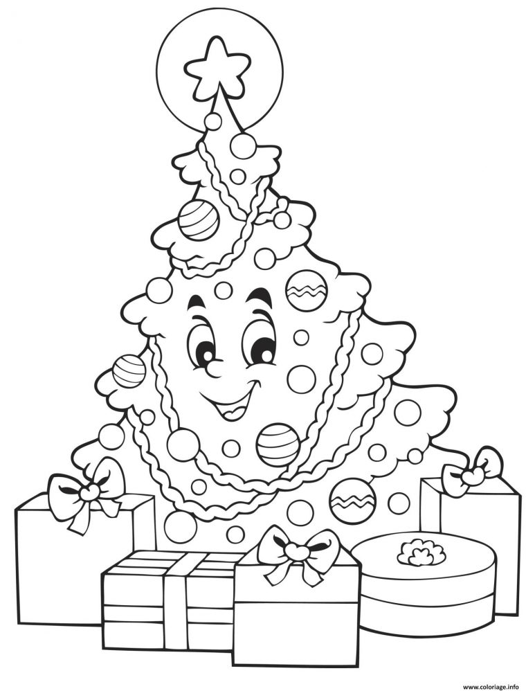 Coloriage Sapin De Noel Souriant Avec Des Cadeaux De Noel Dessin pour Coloriage De Sapin De Noel A Imprimer Gratuit